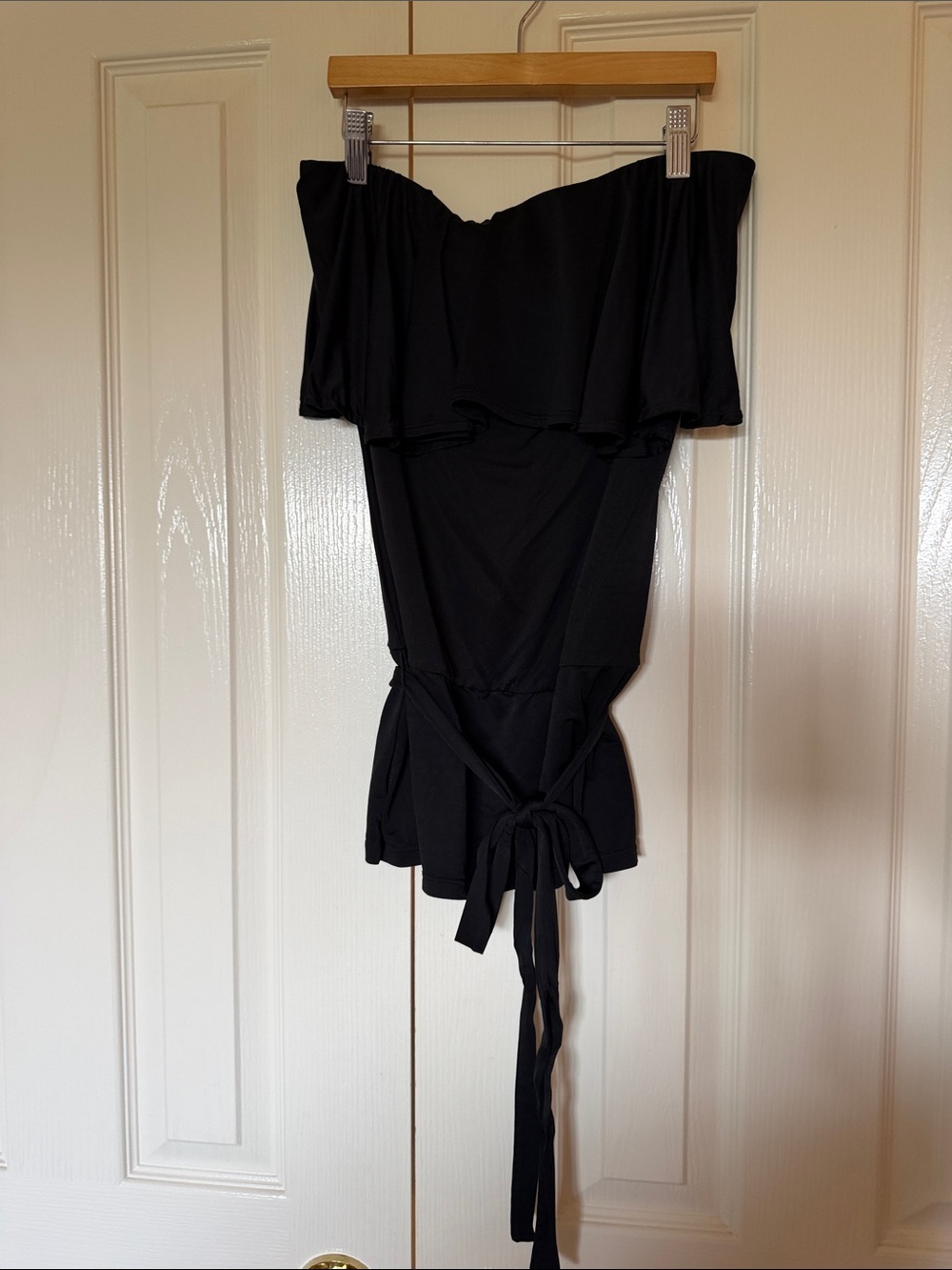 White House Black Market Black Off-the-Shoulder Tie-Waist Bodysuit with Ruffle